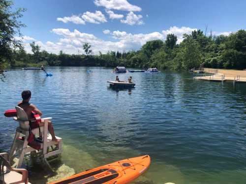 A sunny lake scene with people kayaking, paddleboarding, and relaxing by the water, surrounded by trees and blue skies.