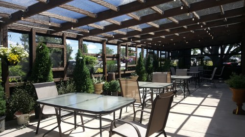 A sunny outdoor patio with tables and chairs, surrounded by greenery and decorative plants under a shaded pergola.