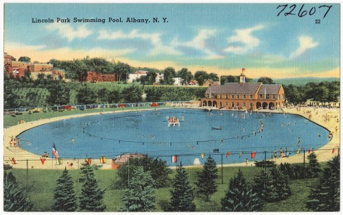 Vintage postcard of Lincoln Park Swimming Pool in Albany, NY, featuring a large pool and people enjoying the area.