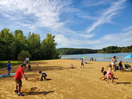 A sandy beach scene with children playing, adults relaxing, and trees lining the shore under a blue sky.