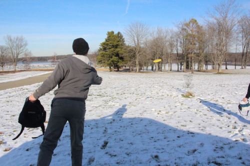 A person throws a frisbee in a snowy field with trees and a lake in the background.