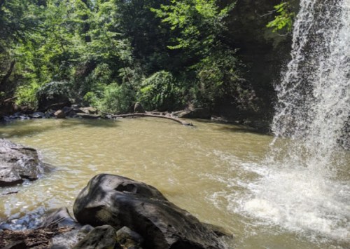 A serene waterfall cascades into a calm pool surrounded by lush greenery and rocky terrain.