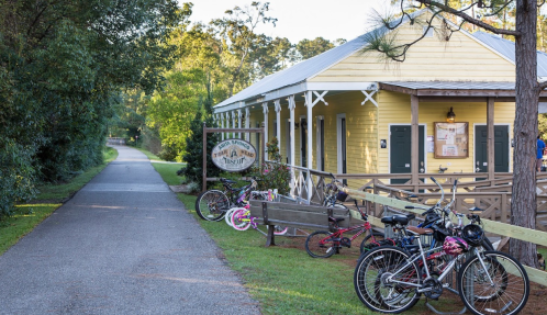 A yellow building with a sign, surrounded by trees, and bicycles parked along a path.