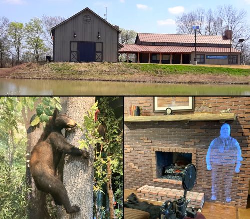 A barn by a pond, a bear climbing a tree, and a holographic figure near a brick fireplace.