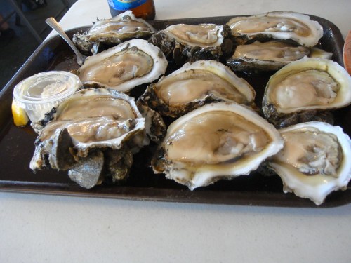 A tray of freshly shucked oysters with a small container of sauce on the side.