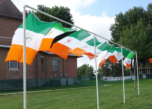 A row of Irish flags with orange, white, and green stripes, displayed on poles in a grassy area.