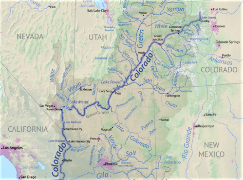 Map of Colorado and surrounding states, highlighting rivers, lakes, and geographical features.