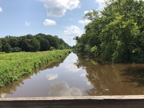 A calm river reflects clouds and trees, surrounded by lush green vegetation under a bright blue sky.