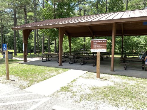 A covered picnic area with wooden tables in a park, surrounded by trees and a sign for Punishment Hill.