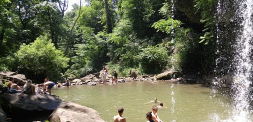 A group of people enjoying a sunny day by a waterfall, swimming and relaxing in a natural pool surrounded by greenery.