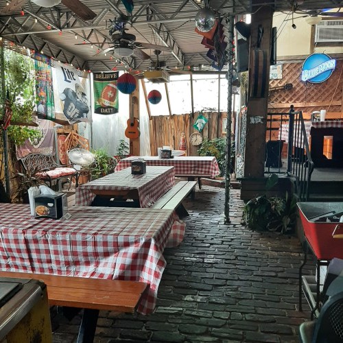 Cozy restaurant interior with checkered tablecloths, plants, and decor, featuring a rustic vibe and outdoor seating.