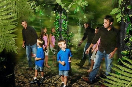 A group of children and adults explore a vibrant, jungle-themed environment with greenery and playful interactions.