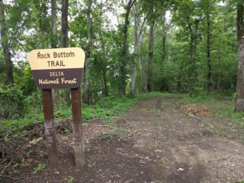 Sign for Rock Bottom Trail in Delta National Forest, surrounded by lush green trees and a dirt path.