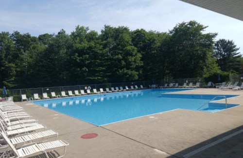 A clear blue swimming pool surrounded by lounge chairs and greenery under a sunny sky.