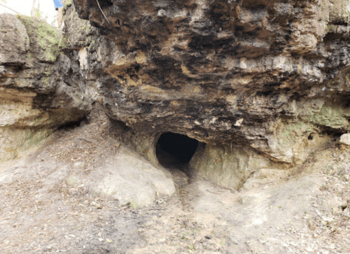 A dark cave entrance surrounded by rocky terrain and sparse vegetation.
