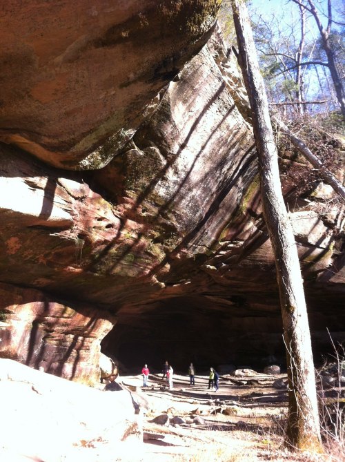 A group of hikers stands beneath a large rock overhang in a forested area, with trees and shadows visible.