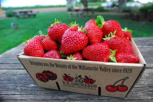 A cardboard box filled with fresh, ripe strawberries on a wooden table, set against a green outdoor background.