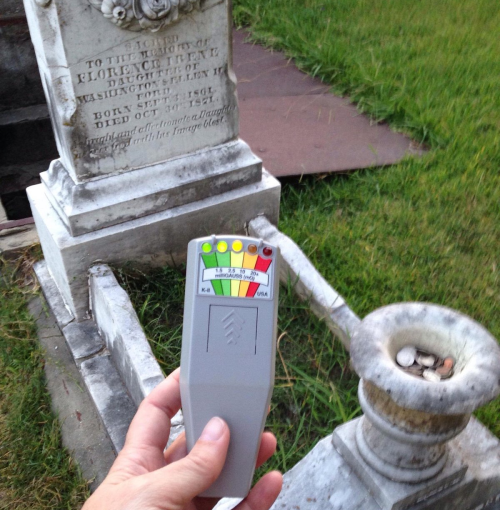 A hand holds a ghost meter near a gravestone, with coins placed in a small bowl beside it. Grass surrounds the area.