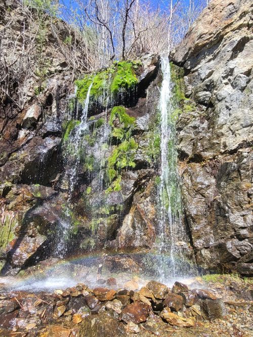 A cascading waterfall flows over moss-covered rocks, surrounded by dry trees and a clear blue sky.
