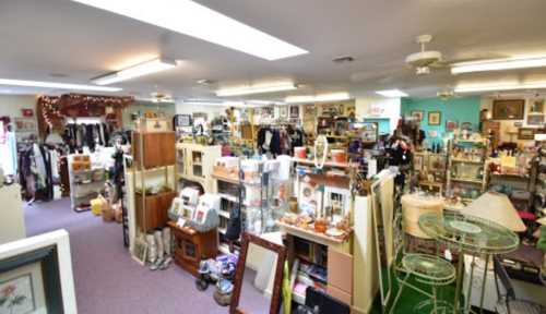 A spacious thrift store filled with various items, including clothing, furniture, and decorative objects.