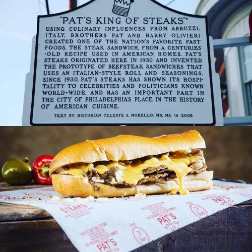 Sign about Pat's King of Steaks and a close-up of a cheesesteak sandwich on a table with peppers.