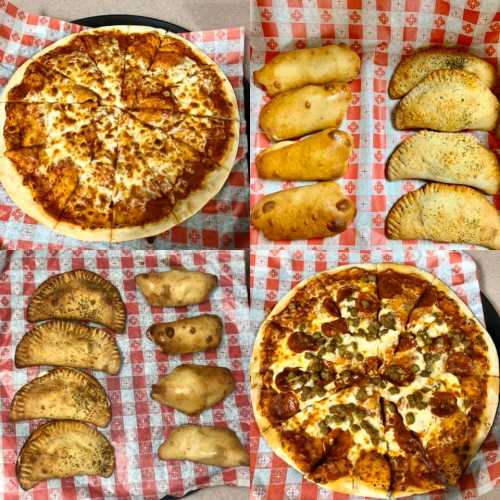 A pizza with cheese and sauce, surrounded by various stuffed pastries on a checkered red and white background.