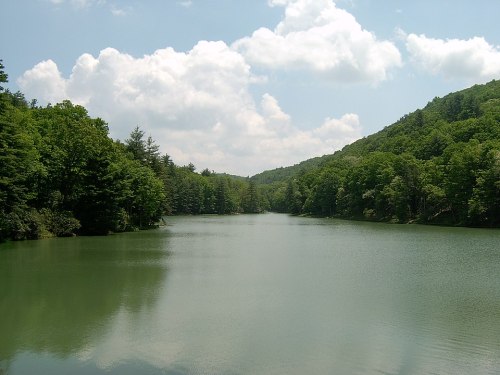 A serene lake surrounded by lush green trees and rolling hills under a partly cloudy sky.