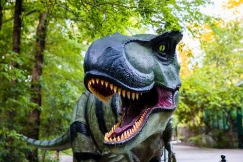 A large, realistic dinosaur statue with sharp teeth and vibrant colors, set against a backdrop of green trees.