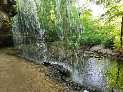 A serene waterfall cascades into a tranquil pool, surrounded by lush green trees and rocky terrain.