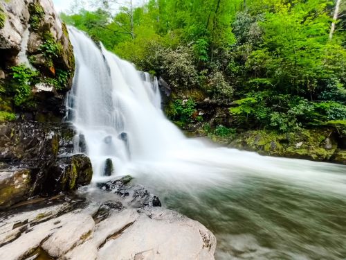 A serene waterfall cascades over rocky ledges, surrounded by lush green trees and foliage.