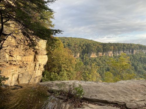 A scenic view of a rocky cliff overlooking a lush green valley under a cloudy sky.