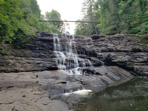 A serene waterfall cascades over rocky ledges, surrounded by lush green trees and a bridge in the background.