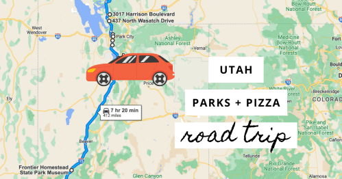 Map of Utah highlighting a road trip route with a car icon, featuring parks and pizza stops. 7h 20m, 412 miles.