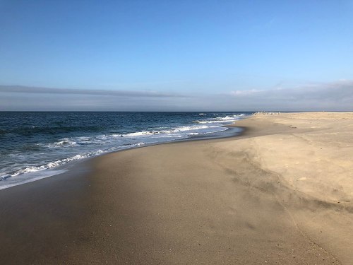 A serene beach scene with gentle waves lapping at the sandy shore under a clear blue sky.
