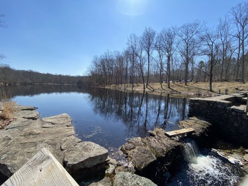 A serene lake surrounded by bare trees under a clear blue sky, with a small waterfall and rocky shoreline in the foreground.
