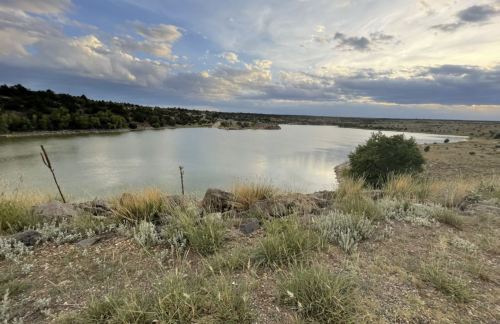 A serene lake surrounded by grassy hills and scattered clouds in a blue sky, capturing a peaceful natural landscape.