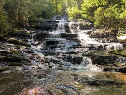 A serene waterfall cascading over rocky steps, surrounded by lush green trees and sunlight filtering through the leaves.