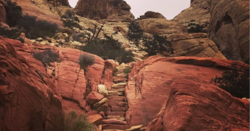 A rocky path leads up through red sandstone formations, surrounded by sparse vegetation.