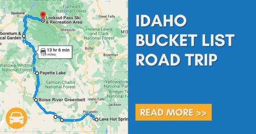 Map highlighting an Idaho road trip route with key destinations and travel time. Text reads "Idaho Bucket List Road Trip."