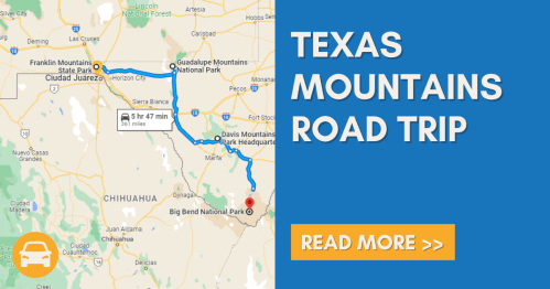 Map showing a road trip route through Texas mountains, highlighting Big Bend National Park and nearby attractions.