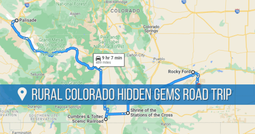 Map of a road trip through rural Colorado, highlighting hidden gems like Palisade and the Shrine of the Stations of the Cross.