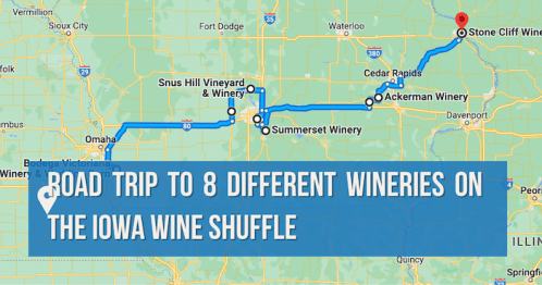 Map showing a road trip route to 8 wineries in Iowa, labeled "Iowa Wine Shuffle."