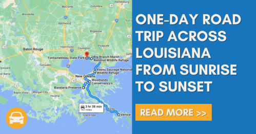 Map of a one-day road trip across Louisiana, highlighting attractions from sunrise to sunset.