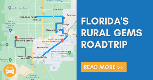 Map highlighting a road trip route through Florida's rural gems, featuring stops at local attractions and businesses.