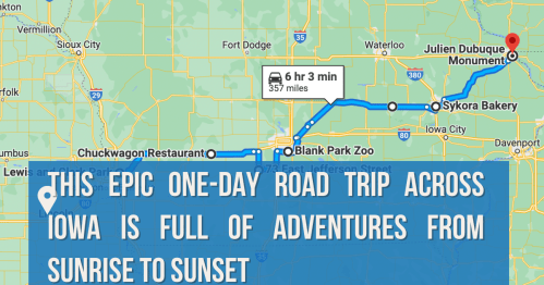 Map highlighting a one-day road trip across Iowa, featuring stops like Julien Dubuque Monument and Sykora Bakery.