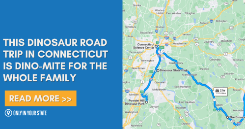 Map highlighting a dinosaur-themed road trip in Connecticut, with a call to action to read more about it.