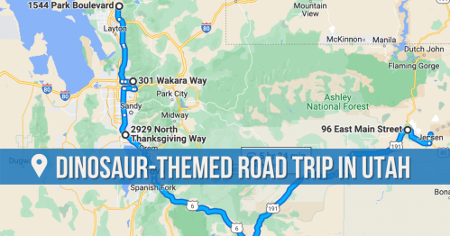 Map highlighting a dinosaur-themed road trip route in Utah, featuring key locations and landmarks.
