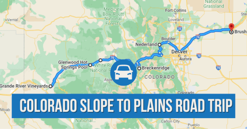 Map showing a road trip route from Colorado's slope to the plains, highlighting key stops and destinations.