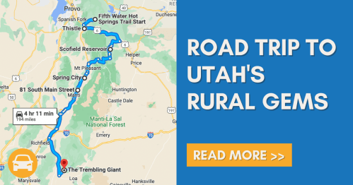 Map highlighting a road trip route to rural gems in Utah, featuring travel time and distance.
