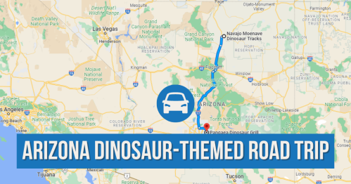 Map showing a route for an Arizona dinosaur-themed road trip, highlighting key dinosaur attractions along the way.